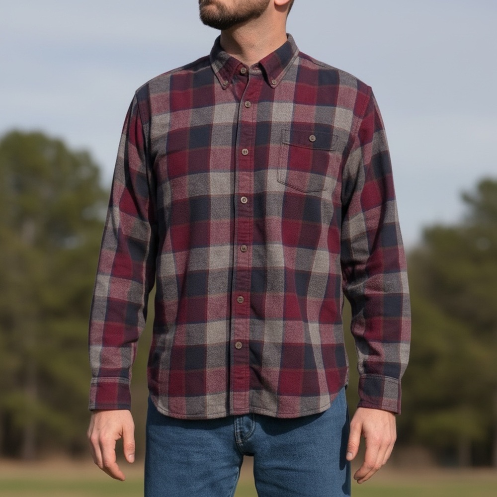 Original WEATHERPROOF Plaid Button Down Shirt Burgundy Gray Blue Casual Size L